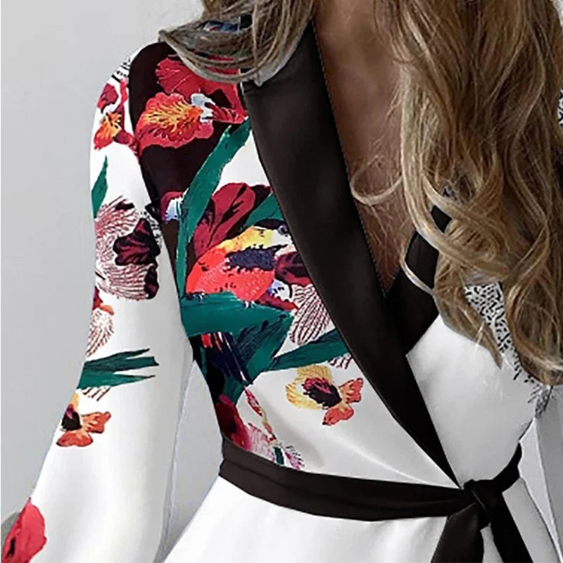 Elegant Floral Print Patchwork Party Dress 2024 Spring Women V-neck Belted Mini Dresses Office Lady A-line Dress Vestidos Cortos