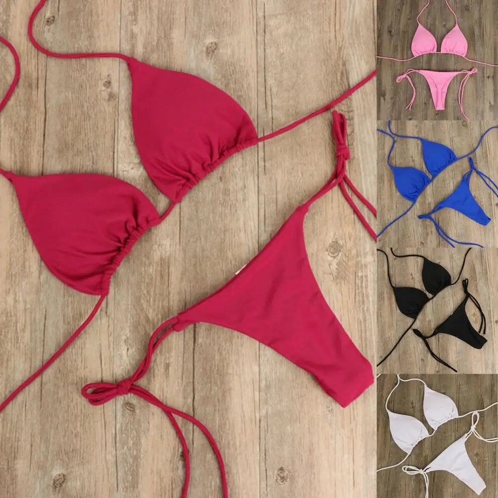 2 Pcs/Set Bikini Set Solid Color Halter Neck Strap Thong Women Swimsuit Set Beachwear Women Swimsuit Sexy Bathing Suit Bikinis