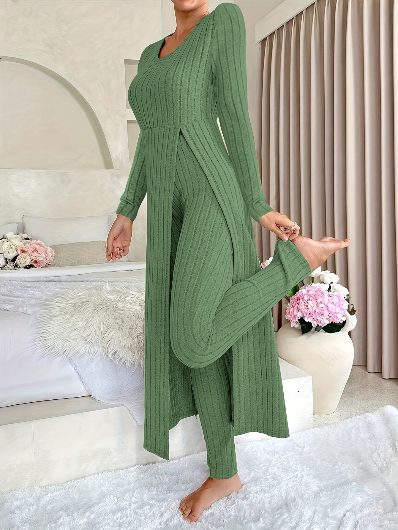 Women's Casual Solid Color Ribbed Pants Set - Short Sleeve V Neck Split Long Length Top & Elastic Waist Slim Pants Outfits - For Everyday Wear - Perfect for Spring/Summer