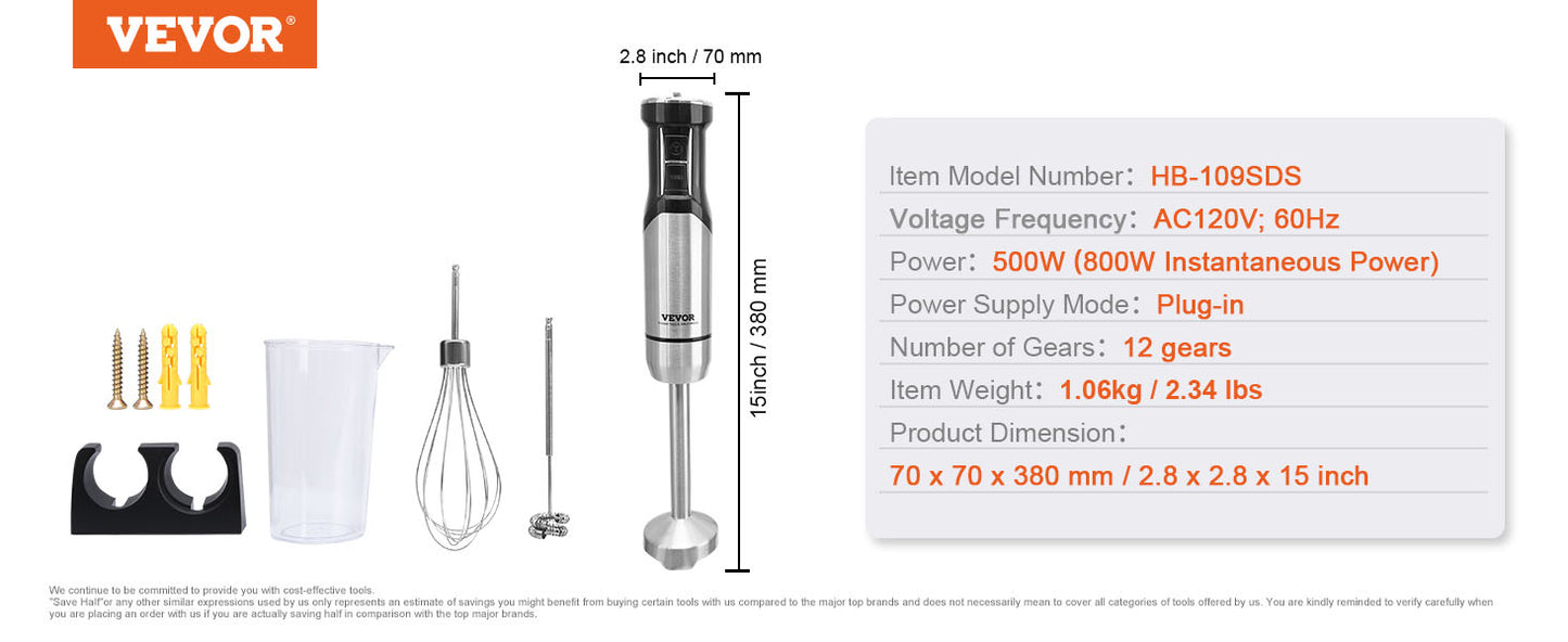 VEVOR 8 Speed Immersion Mini Portable Blender Handheld Mixer Machine 200W 500W Cordless Recharge home-appliance for Kitchen