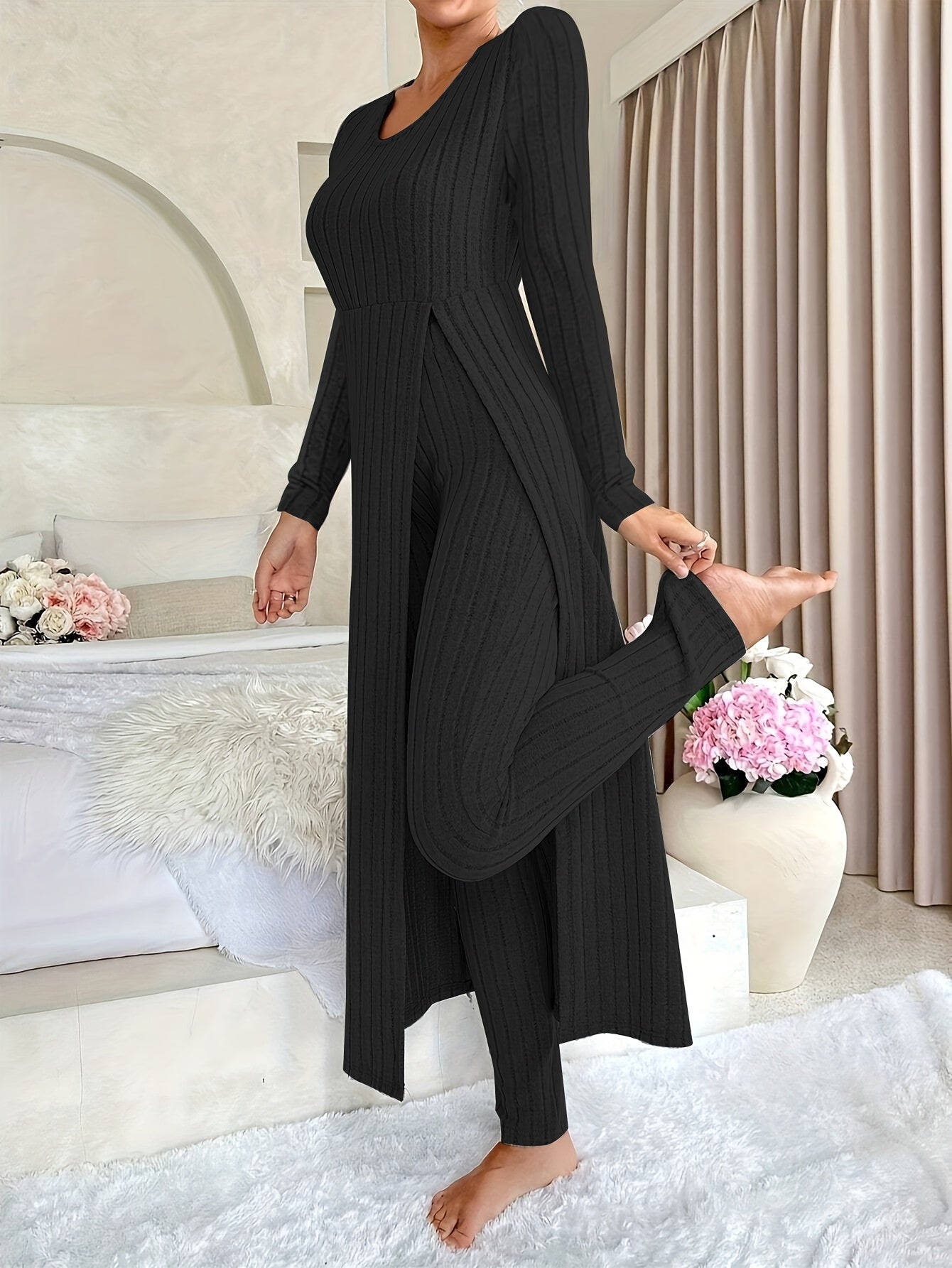 Women's Casual Solid Color Ribbed Pants Set - Short Sleeve V Neck Split Long Length Top & Elastic Waist Slim Pants Outfits - For Everyday Wear - Perfect for Spring/Summer