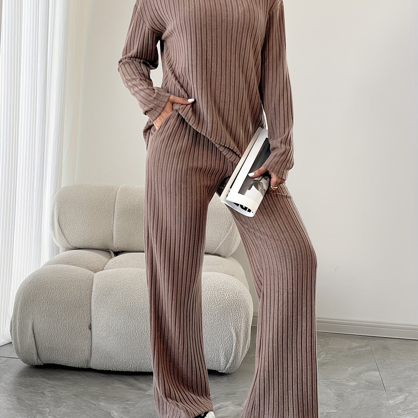 Autumn and Winter Fashionable Loose Casual Wide Leg Pants Knitted Set, V-Neck Pocketed Striped Knitted 2pcs Set, Women's Clothing