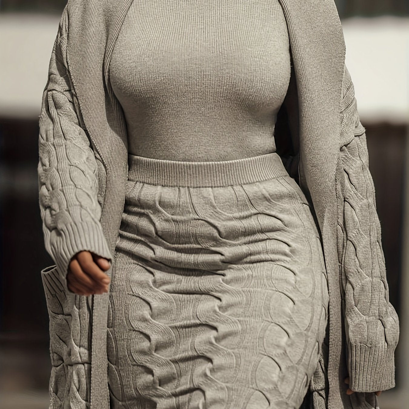 Stylish Solid Twill Knit Skirt Set, Long Sleeve Open Front Pocket, Mid-Long Cardigan and High-Neck Slim Sweater and High-Waisted Pencil Skirt Outfit, Women's Clothing
