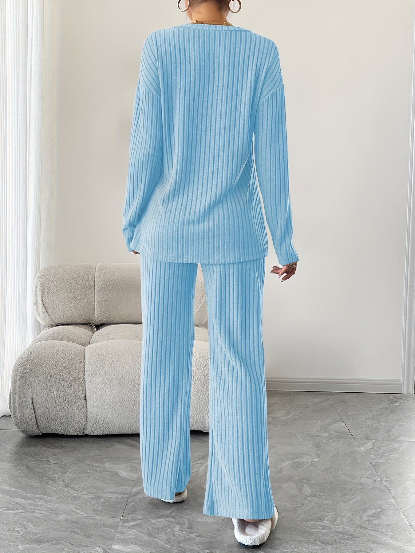 Autumn and Winter Fashionable Loose Casual Wide Leg Pants Knitted Set, V-Neck Pocketed Striped Knitted 2pcs Set, Women's Clothing