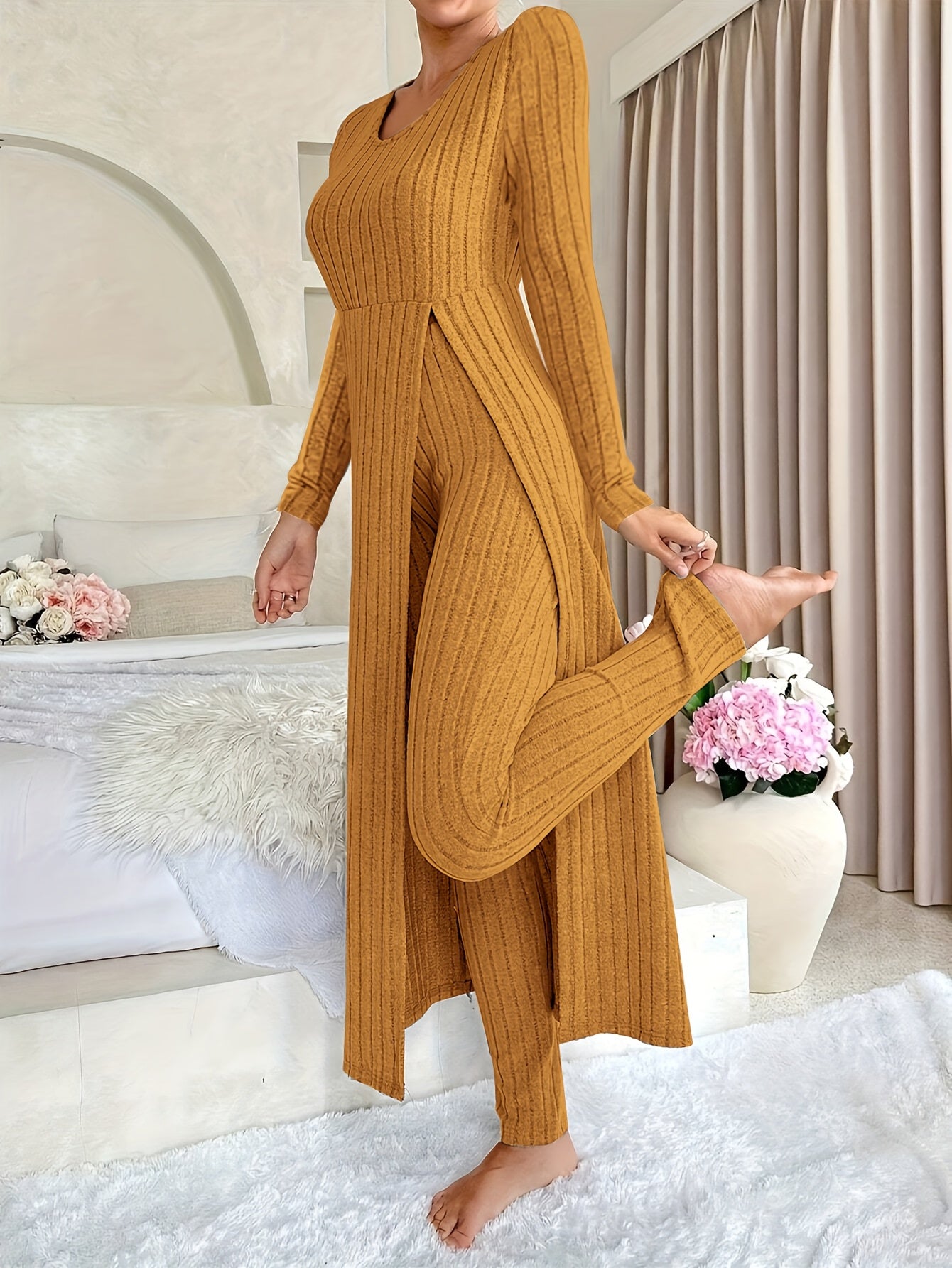 Women's Casual Solid Color Ribbed Pants Set - Short Sleeve V Neck Split Long Length Top & Elastic Waist Slim Pants Outfits - For Everyday Wear - Perfect for Spring/Summer
