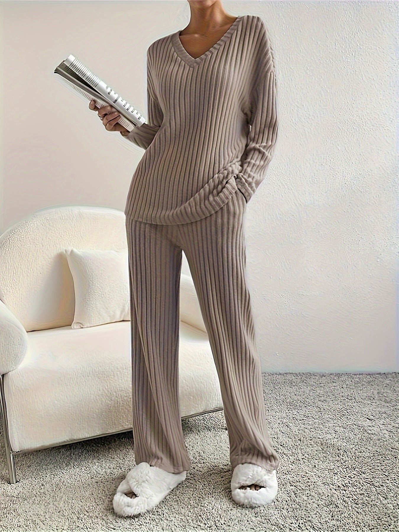 Women's Ribbed Knitted Straight Leg Pants Set with V-Neck Top, Autumn Winter Casual Lounge Wear