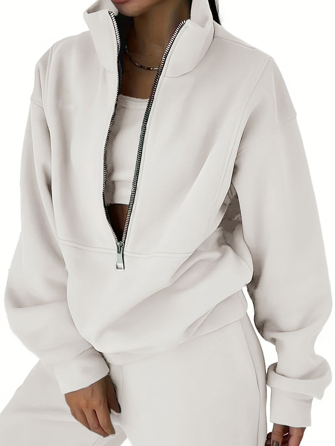 Solid Casual Two-piece Set, Zip Front Long Sleeve Sweatshirt & Elastic Waist Pants Outfits, Women's Clothing