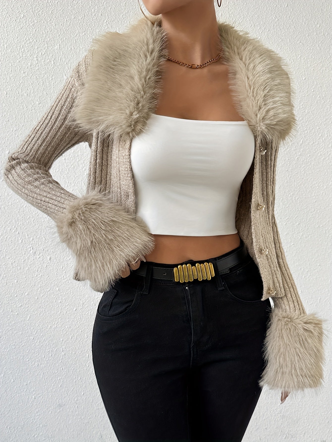 Faux Fur Laple Button Front Cardigan, Elegant Knit Long Sleeve Warm Outwear For Fall & Winter, Women's Clothing