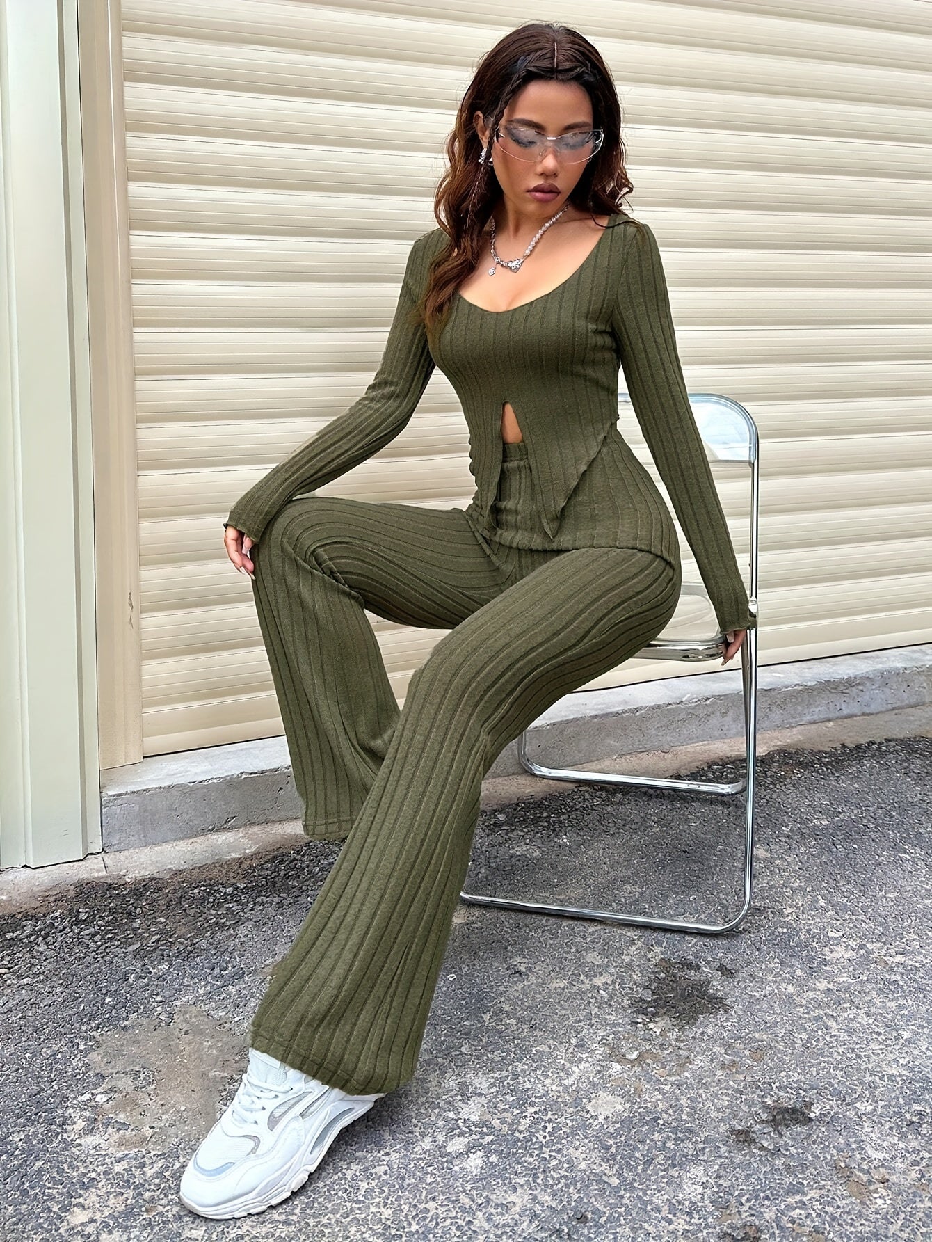 Solid Ribbed Knit Two-piece Set, Casual Long Sleeve Lettuce Trim Split Top & Slim Flare Leg Pants Outfits, Women's Clothing