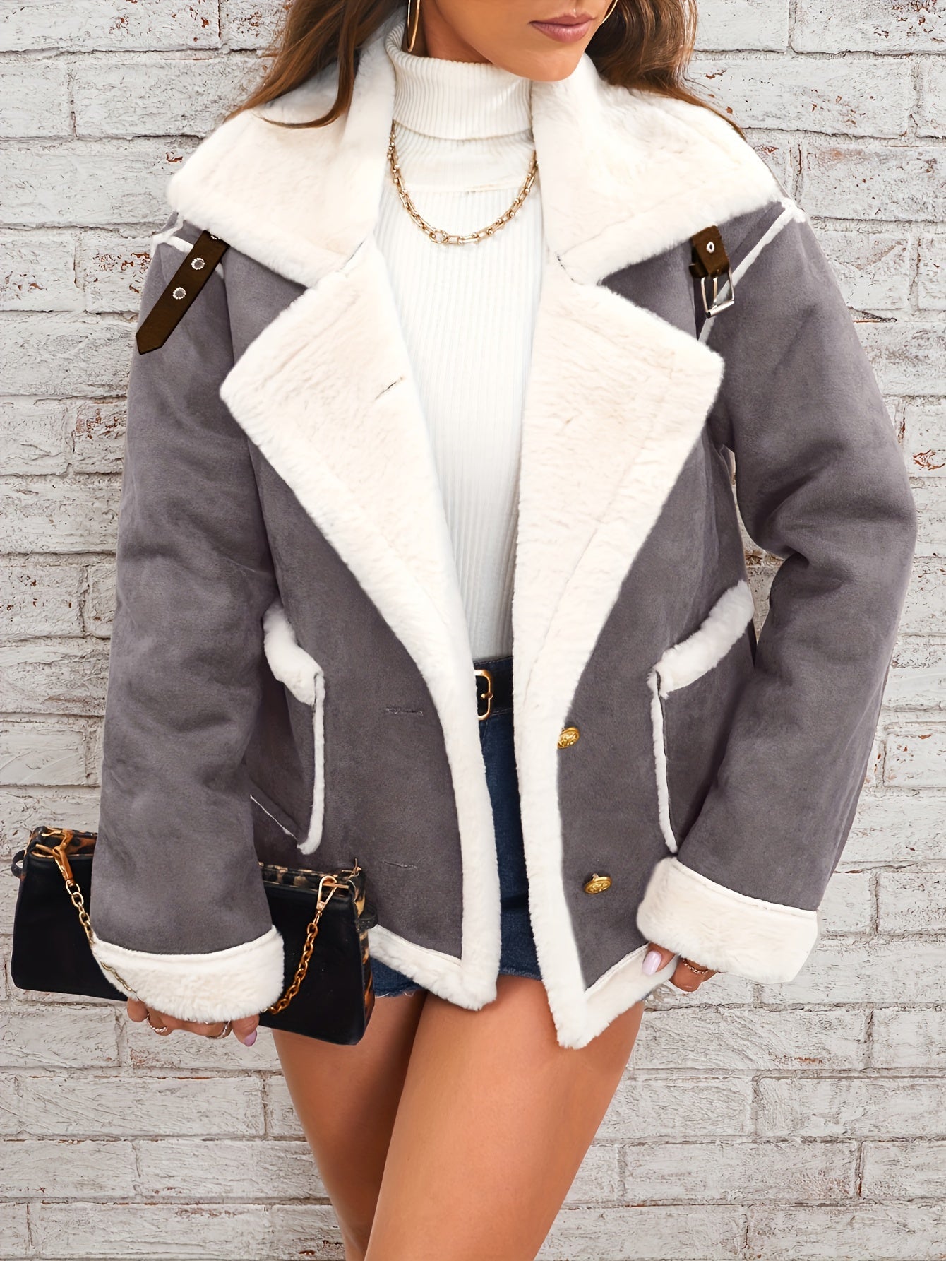 Women's Faux Fur-Lined Winter Jacket: Cozy Lapel Collar, Machine Washable, Solid Color with Pockets