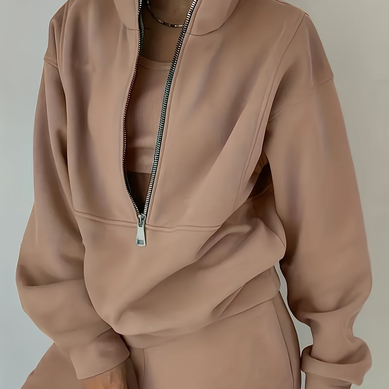 Solid Casual Two-piece Set, Zip Front Long Sleeve Sweatshirt & Elastic Waist Pants Outfits, Women's Clothing