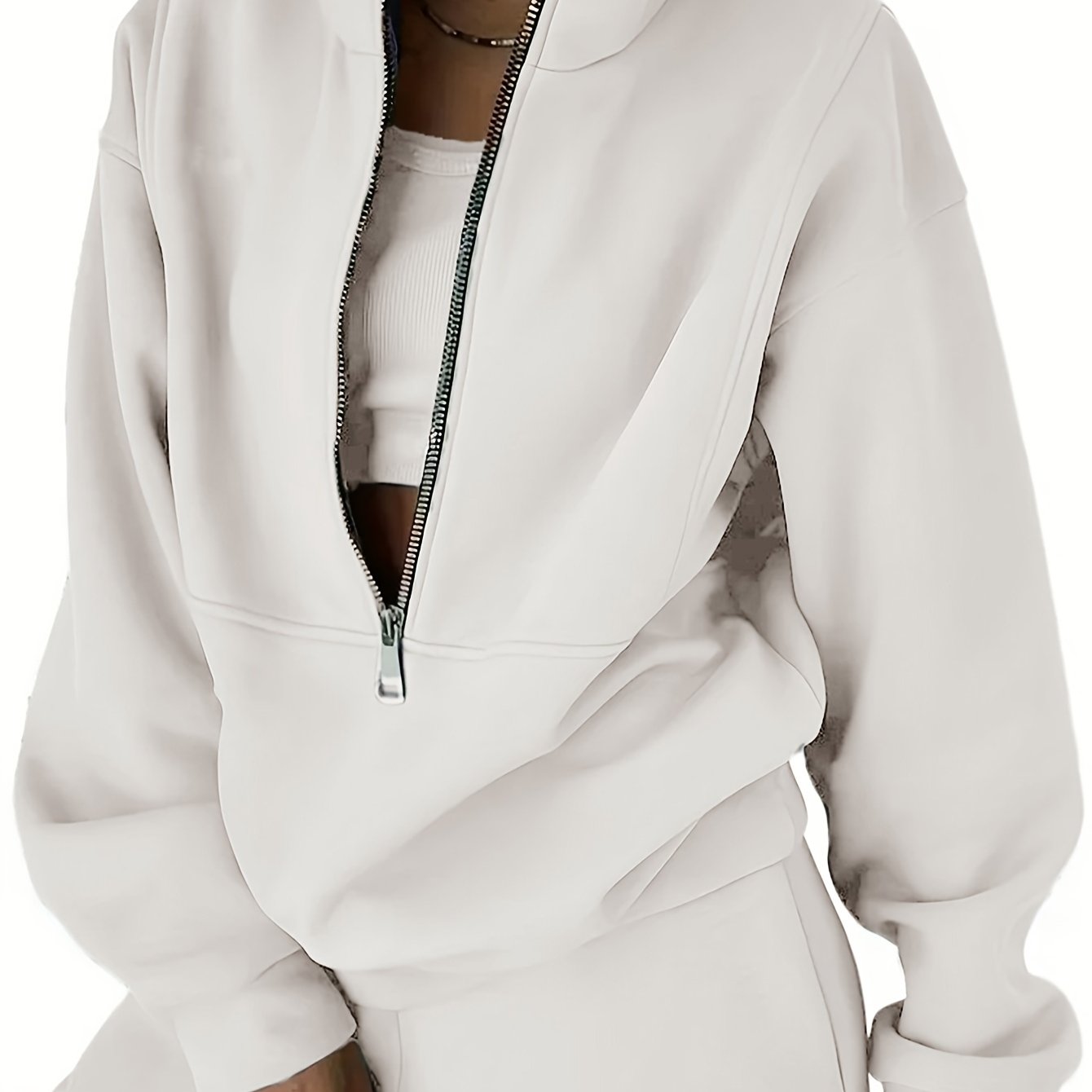 Solid Casual Two-piece Set, Zip Front Long Sleeve Sweatshirt & Elastic Waist Pants Outfits, Women's Clothing