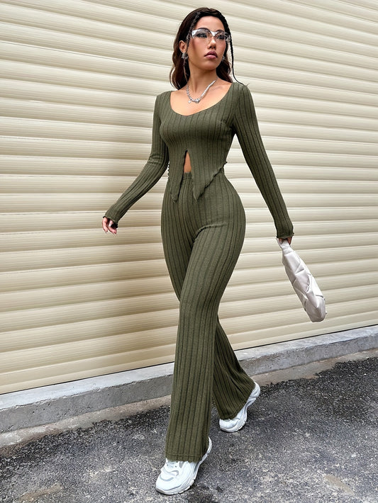 Solid Ribbed Knit Two-piece Set, Casual Long Sleeve Lettuce Trim Split Top & Slim Flare Leg Pants Outfits, Women's Clothing