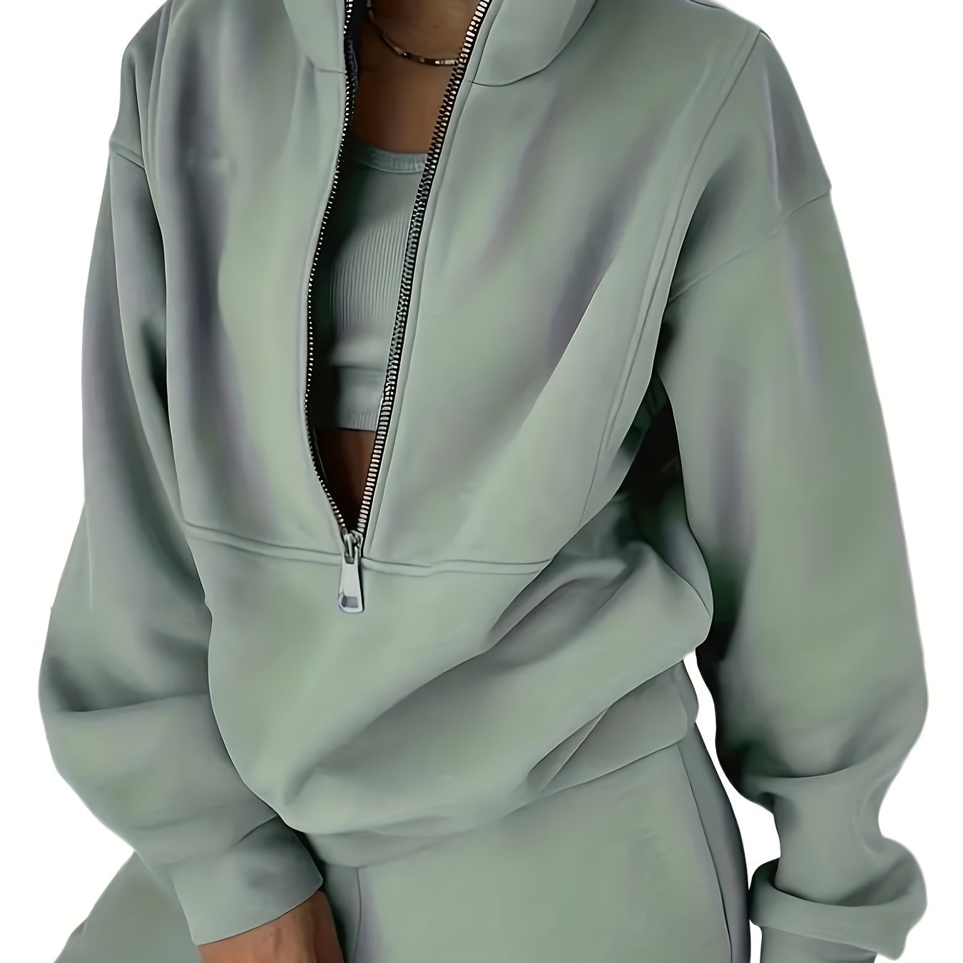 Solid Casual Two-piece Set, Zip Front Long Sleeve Sweatshirt & Elastic Waist Pants Outfits, Women's Clothing