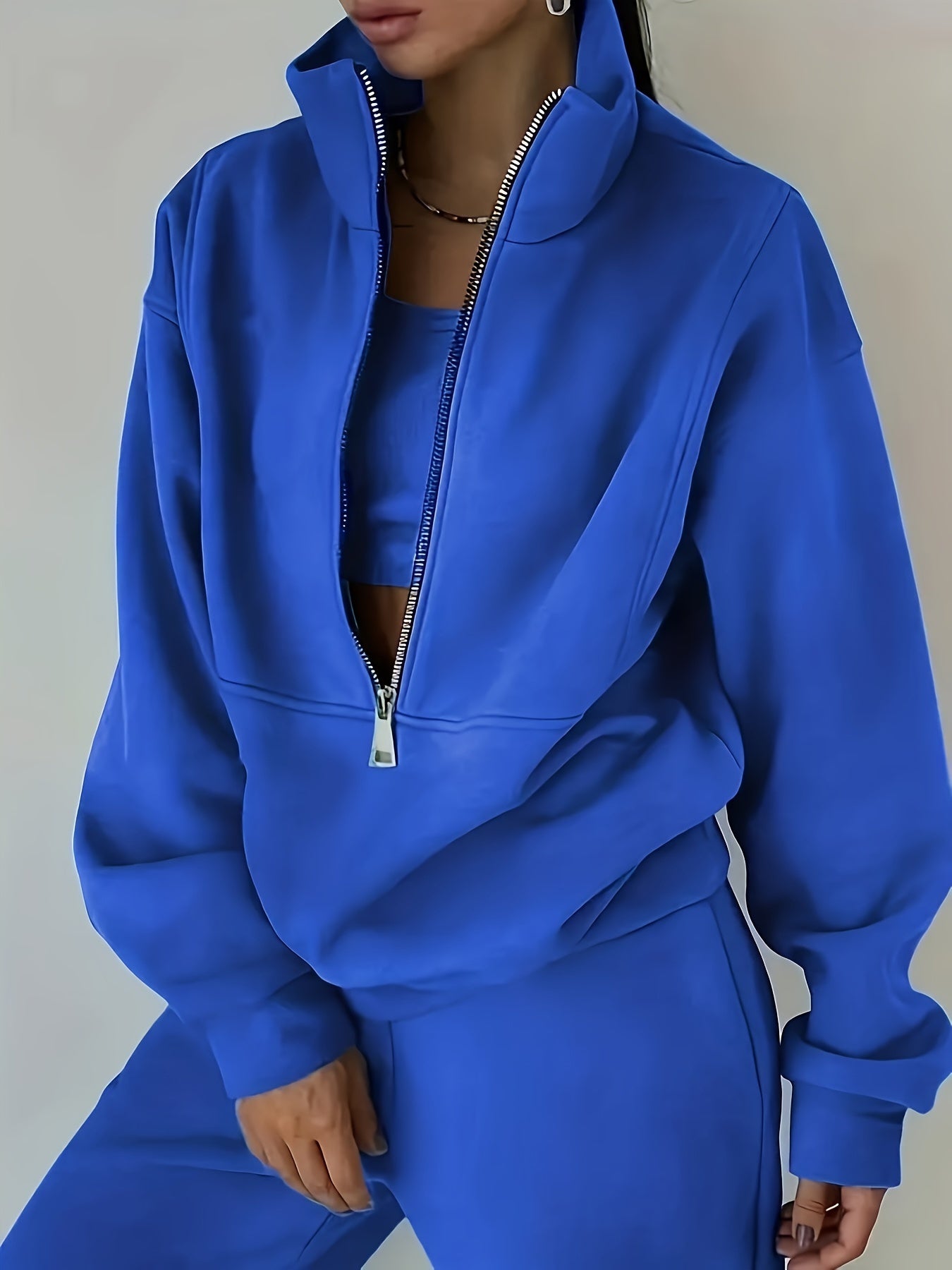 Solid Casual Two-piece Set, Zip Front Long Sleeve Sweatshirt & Elastic Waist Pants Outfits, Women's Clothing