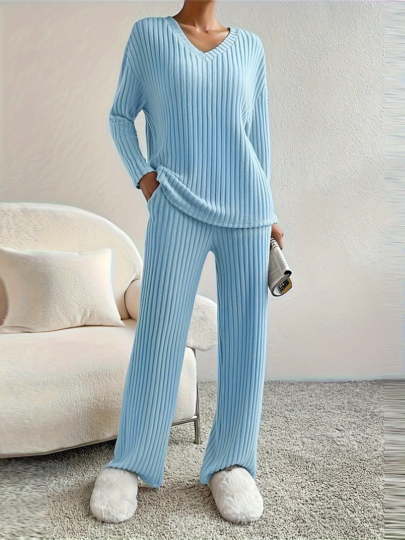 Women's Ribbed Knitted Straight Leg Pants Set with V-Neck Top, Autumn Winter Casual Lounge Wear