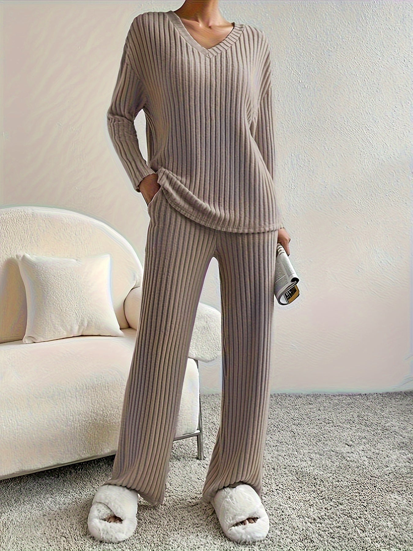 Women's Ribbed Knitted Straight Leg Pants Set with V-Neck Top, Autumn Winter Casual Lounge Wear