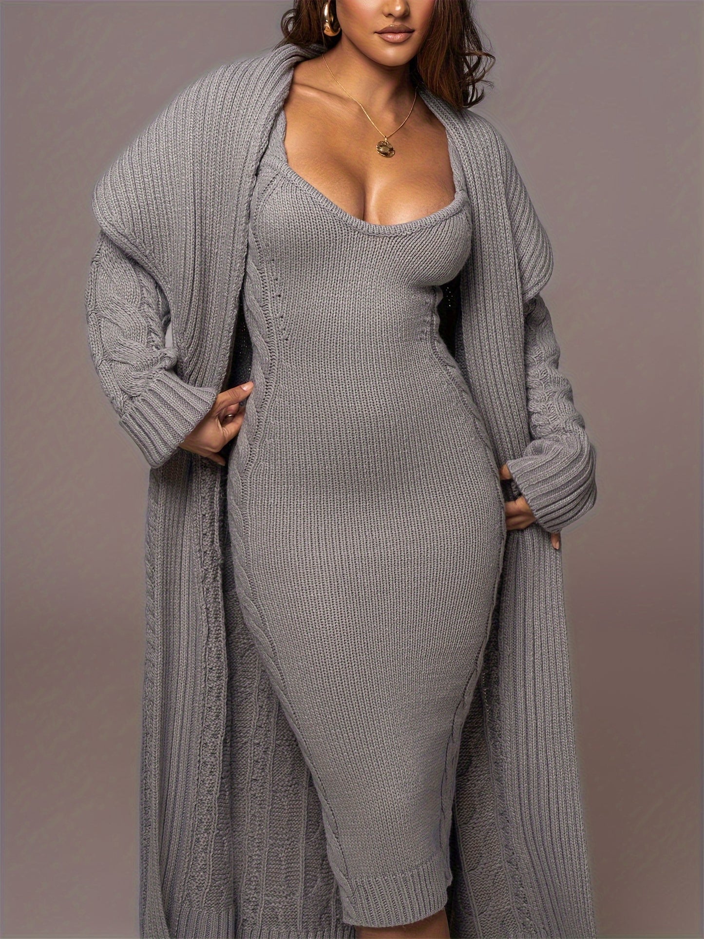 Knitted Sweater Dress And Cardigan Two-piece Set, Chic, Warm And Cozy, For Fall Winter 2024