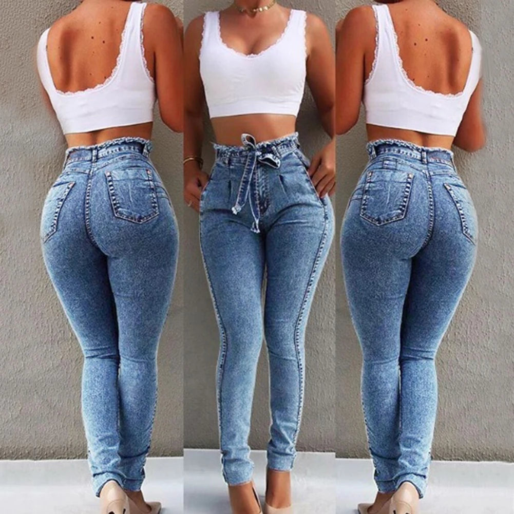 Fashion Belted High Waist Skinny Jeans Women Hot Loose Stretch Denim Long Pants Skinny Jeans Women Stretch Denim Long Pants