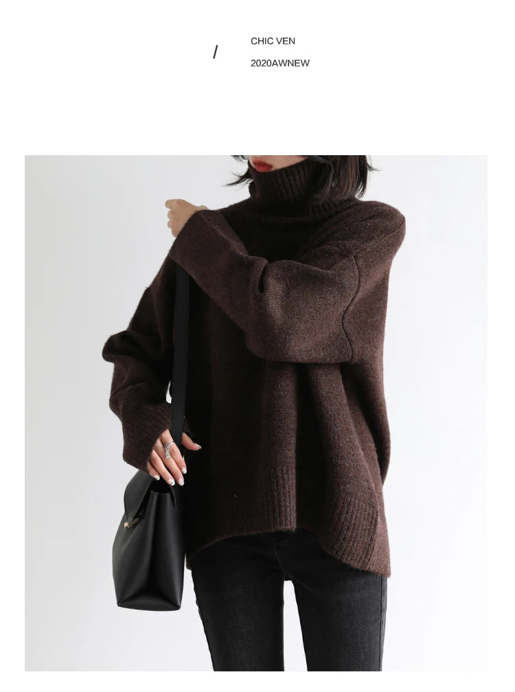 CHIC VEN Korean Women's Sweater Loose Turtleneck Sweaters Warm Solid Pullover Knitwear Basic Female Tops Autumn Winter 2022