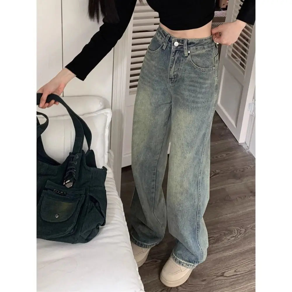 Deeptown Y2k Baggy Wide Leg Jeans Women Vintage Streetwear Washed Denim Pants Grunge Basic Slouchy Blue Trousers Femme Autumn