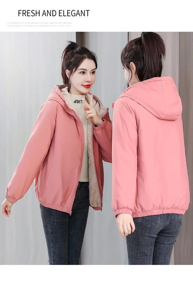 Women's Fleece Coat Winter Warm Thicken Solid Windbreaker Hooded Cotton Plush Hooded Jackets Casual Outdoor Windproof Jacket