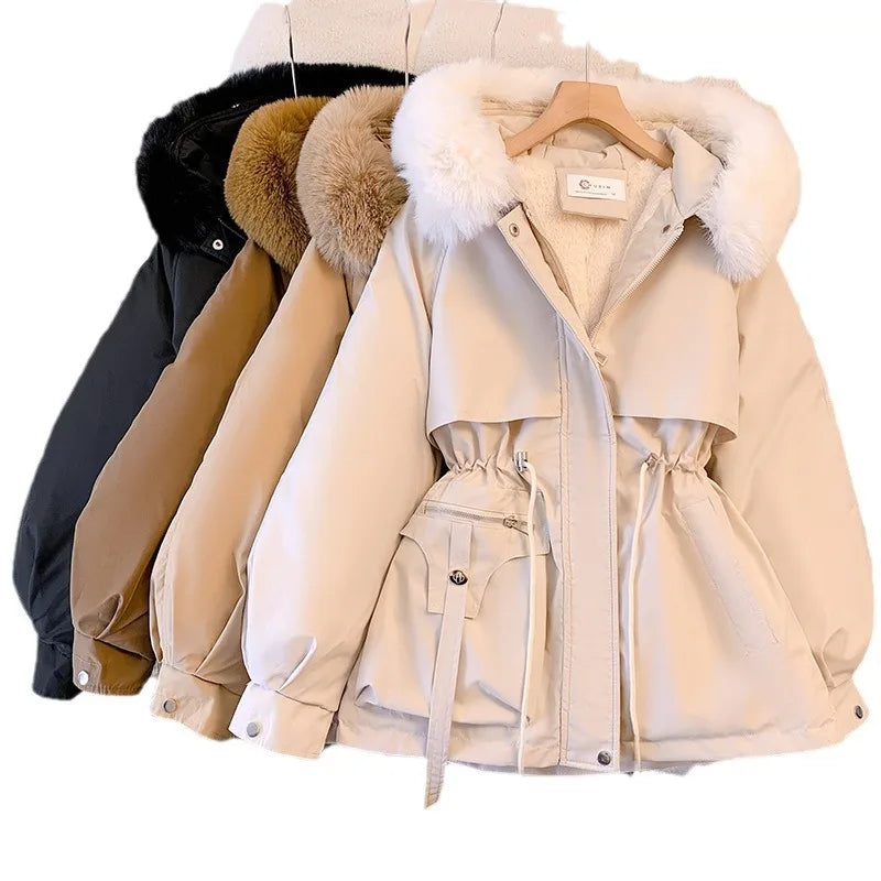 2023 Autumn Winter Parkas Coat New Women's Cotton-Padded Plush Warm Coat Women's Long Sleeve Zipper Hooded Drawstring Parkas