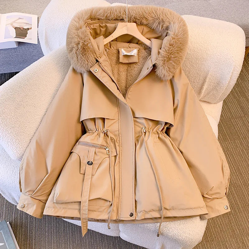 2023 Autumn Winter Parkas Coat New Women's Cotton-Padded Plush Warm Coat Women's Long Sleeve Zipper Hooded Drawstring Parkas