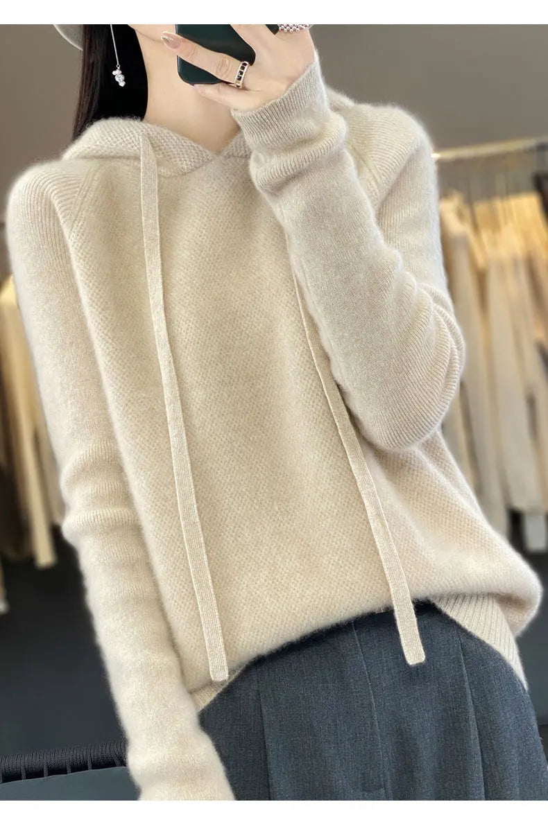 Pure Wool Hooded Sweater Women Solid Color Long Sleeve Top Autumn Winter Fashion New In Knit Female Warm Loose Pullover Jumper