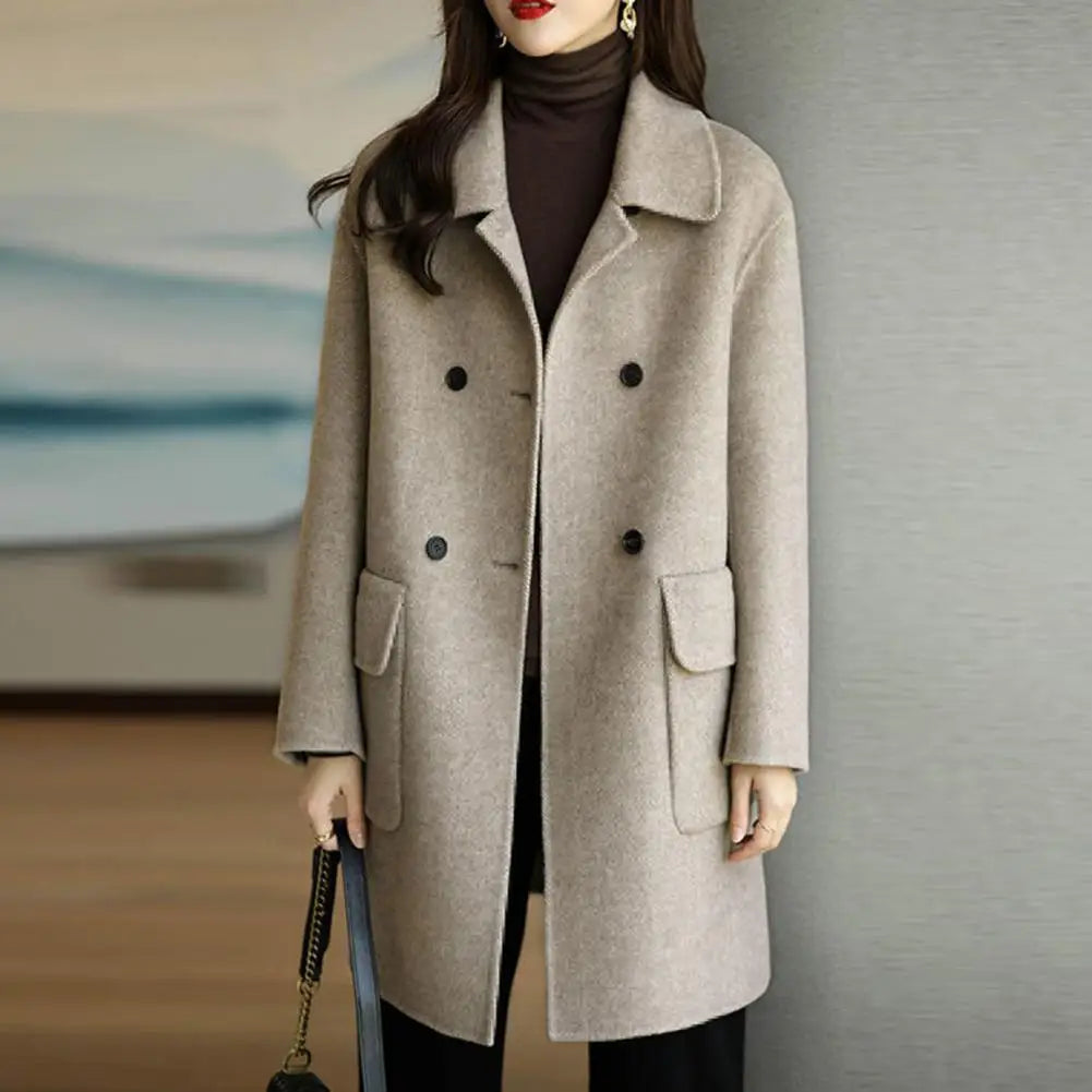 Women Woolen Coat Mid-length Thermal Coat Stylish Women's Mid-length Woolen Coat Lapel Double Breasted Flap for Autumn/winter