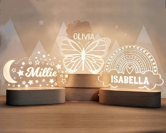 Custom Your Baby Name Acrylic Plaque With Night Light Base Personalize Moon Stars Butterfly Rainbow Fame For Kids Room Decor
