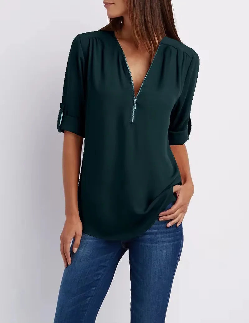 2024 Hot Sale Women Cool Loose Shirt Deep V Neck Chiffon Fashion Blouse Casual Ladies Tops Sexy Zipper Pullover Plus Size