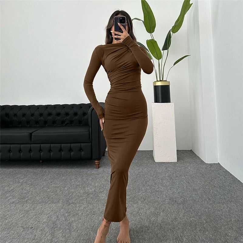 Cryptographic Autumn Elegant Ruched Long Bodycon Dress Fashion Outfits for Women Club Party Slinky Sexy Dresses Birthday Robes