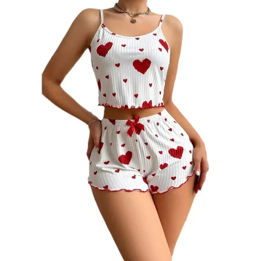 Women's Pajamas Set Sleepwear 2 PCS Short Tank Tops And Shorts S M L White Ventilate Soft Casual Love Printing