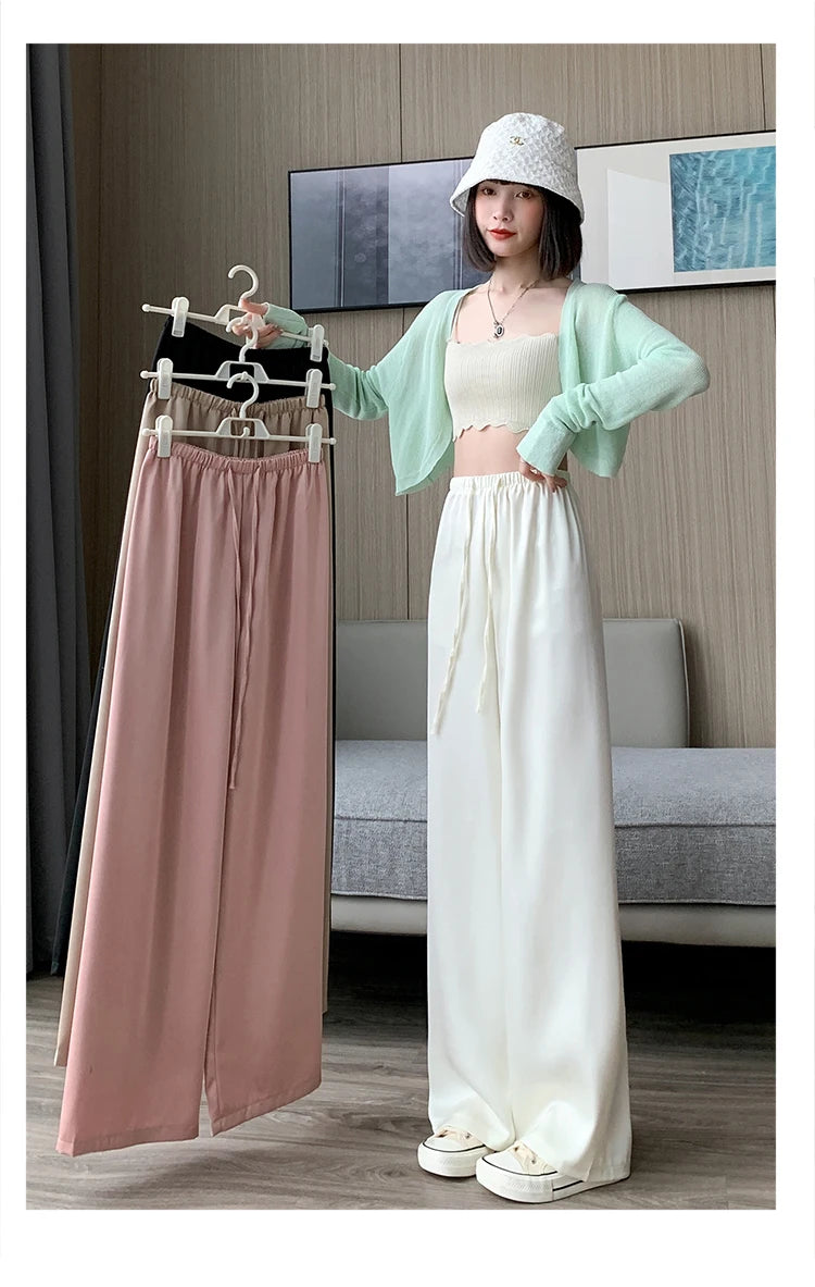 Women's Wide Leg Pants Summer Ice Silk Straight Trousers High Waist Ladies Casual Loose Satin Soft Full-length Pants for Women