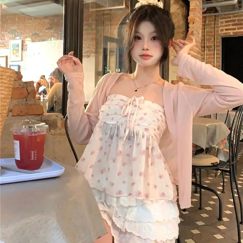 Women's Lace Floral Vest 2024 Summer Top Pink frenum Pleated Design Spice Girl Pure desire Floral Suspenders Summer Inside Vest