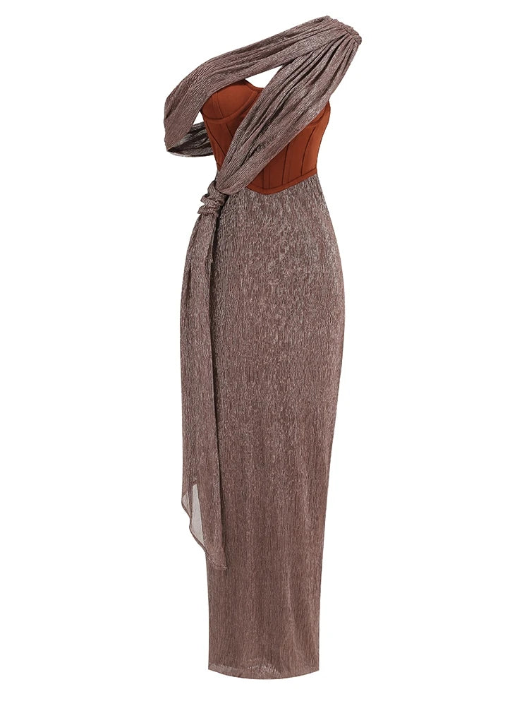 Sexy One Shoulder Draped Glitter Long Dress Women Brown Corset Sparkly Backless Bodycon Maxi Dresses Evening Party Gowns