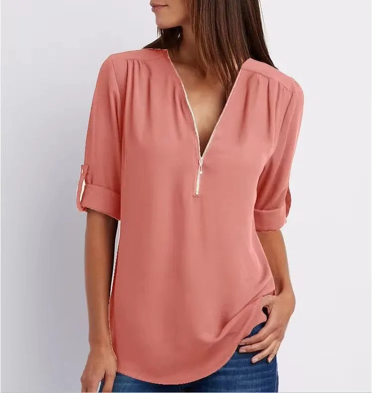 2024 Hot Sale Women Cool Loose Shirt Deep V Neck Chiffon Fashion Blouse Casual Ladies Tops Sexy Zipper Pullover Plus Size