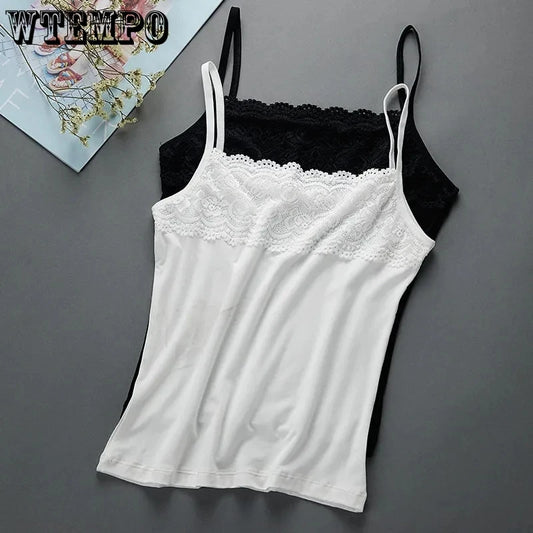 Women's Slim Fit Large Top with Strap Tank Top Spring and Summer Lace Underlay Black and White