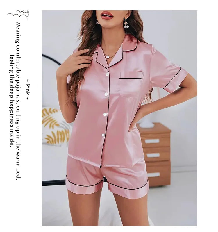 Women Silk Satin Pajamas Set Two-piece Pj Sets Sleepwear Loungewear Button-Down Pajama Women 2 Piece Pijama Homewear Shorts Set