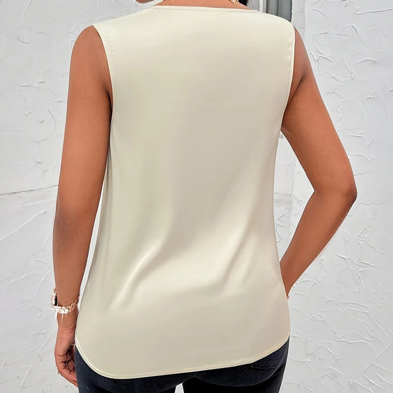 Satin Tank Tops Women Elegant Korean Style Silk Solid Color Sleeveless Tank Top Fashion Sexy Office Lady Cowl Neck Camisole