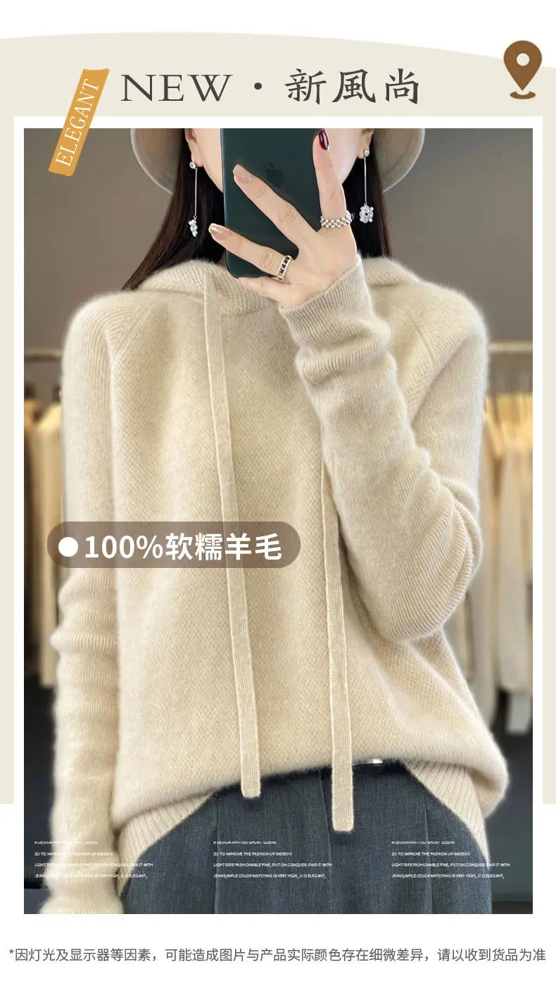 Pure Wool Hooded Sweater Women Solid Color Long Sleeve Top Autumn Winter Fashion New In Knit Female Warm Loose Pullover Jumper