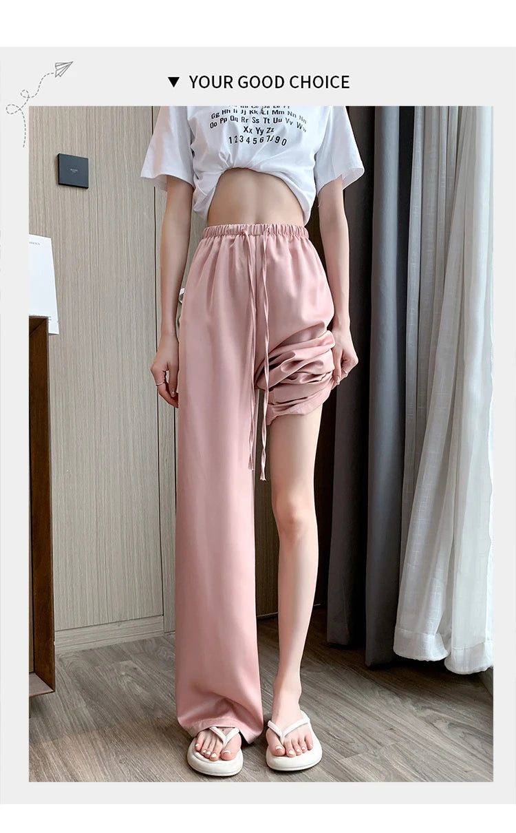 Women's Wide Leg Pants Summer Ice Silk Straight Trousers High Waist Ladies Casual Loose Satin Soft Full-length Pants for Women