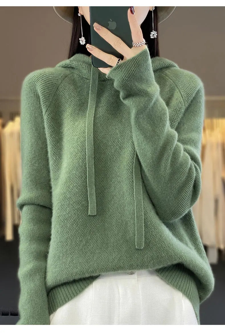 Pure Wool Hooded Sweater Women Solid Color Long Sleeve Top Autumn Winter Fashion New In Knit Female Warm Loose Pullover Jumper