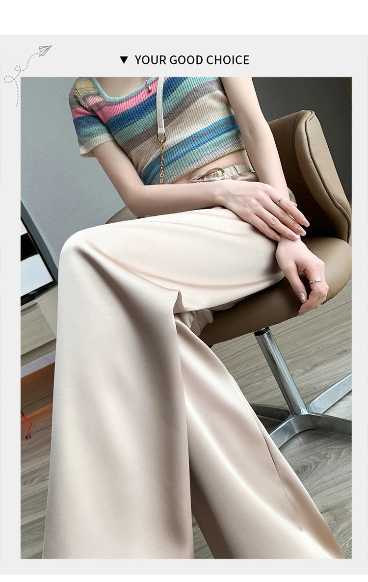 Women's Wide Leg Pants Summer Ice Silk Straight Trousers High Waist Ladies Casual Loose Satin Soft Full-length Pants for Women