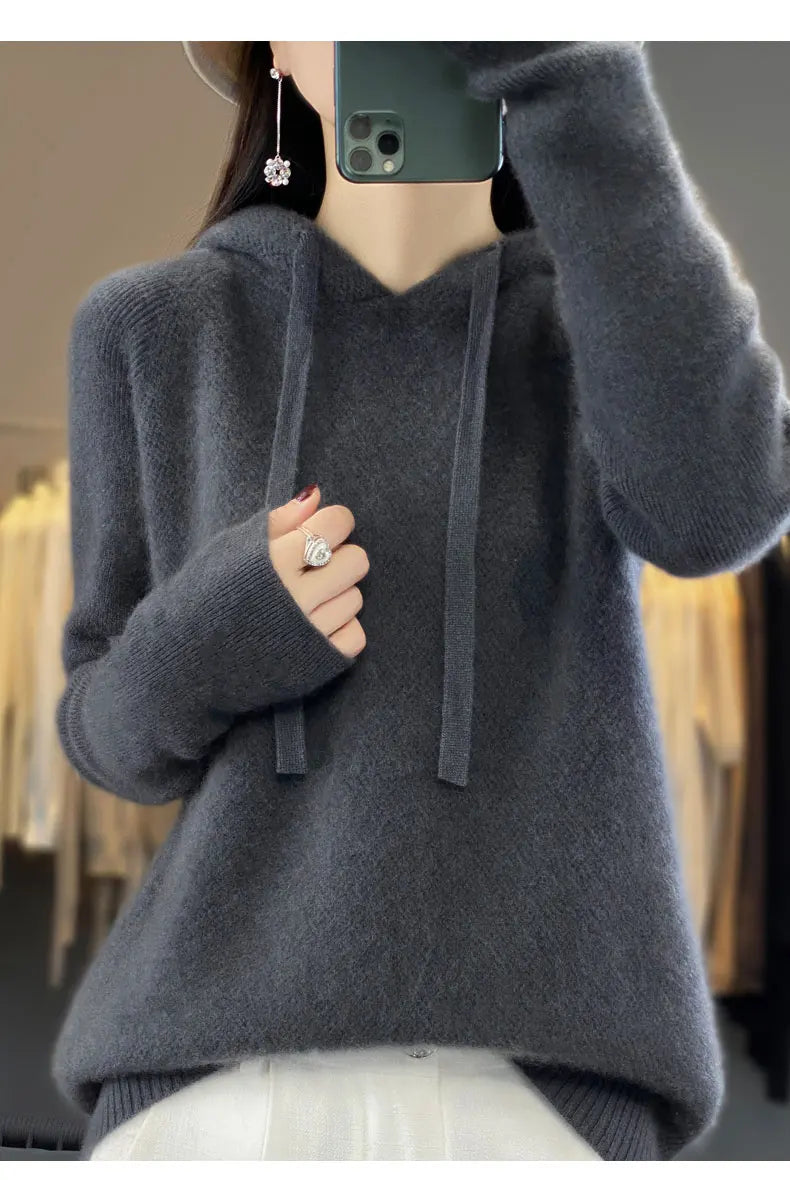 Pure Wool Hooded Sweater Women Solid Color Long Sleeve Top Autumn Winter Fashion New In Knit Female Warm Loose Pullover Jumper