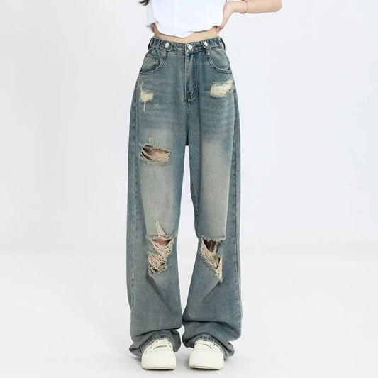 Vintage Hole Y2k Women's Jeans High Waisted Jeans Wide Leg Loose Straight Leg Hip-hop Street Wear Floor Length Denim Pants