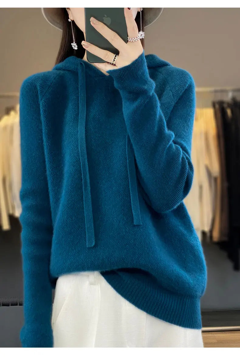 Pure Wool Hooded Sweater Women Solid Color Long Sleeve Top Autumn Winter Fashion New In Knit Female Warm Loose Pullover Jumper