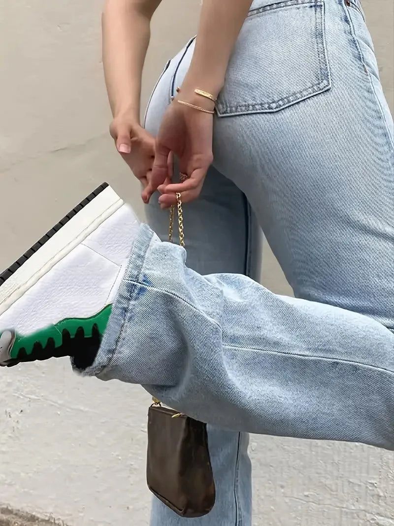 Wash Jeans Denim Women Straight Pants Pockets High Waist Ankle Length Loose Distressed Solid Casual Basics Vintage 2024