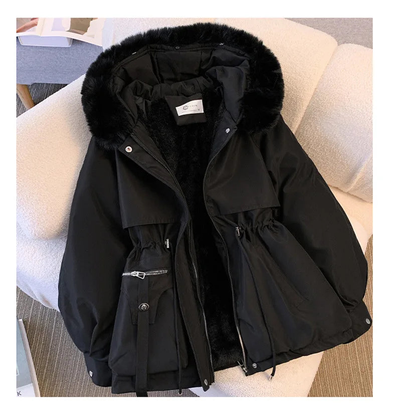 2023 Autumn Winter Parkas Coat New Women's Cotton-Padded Plush Warm Coat Women's Long Sleeve Zipper Hooded Drawstring Parkas